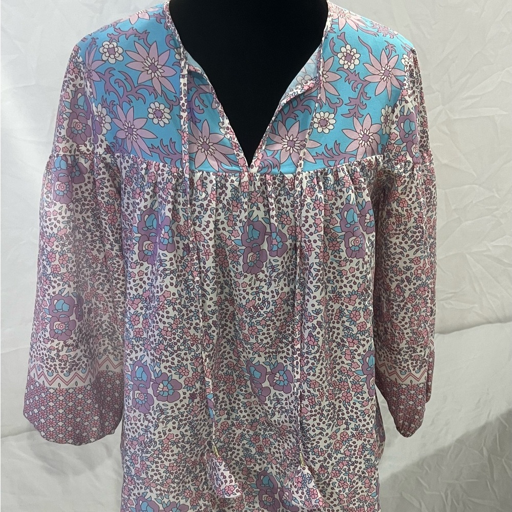 Shoshanna Blue and Pink Embellished Blouse with Mandarin Collar